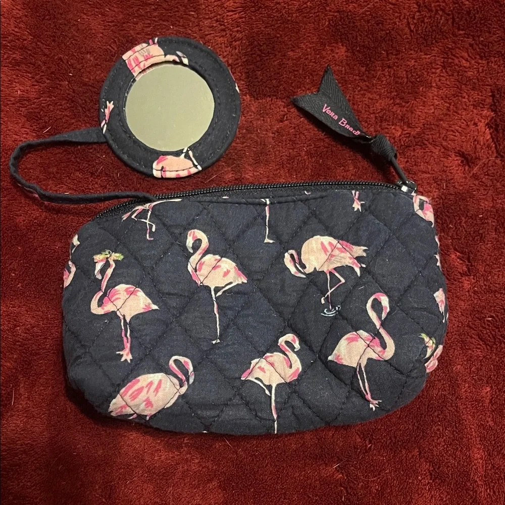 Vera Bradley Black and Pink Flamingo Quilted Small Pouch with Mirror